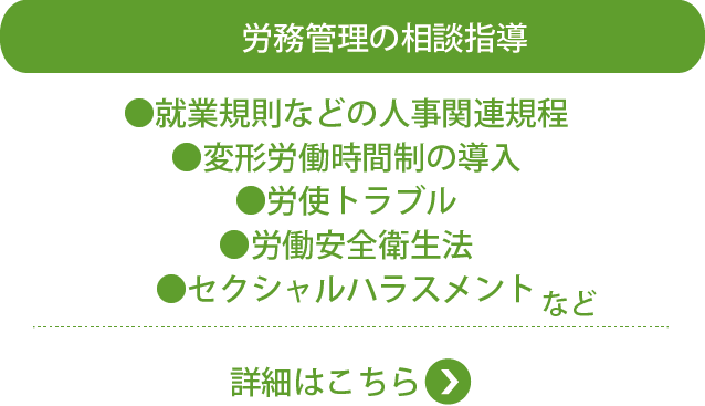 労務管理の相談指導●就業規則などの人事関連規程　●変形労働時間制の導入　●労使トラブル　●労働安全衛生法　●メンタルヘルス　●セクシャルハラスメント　など
