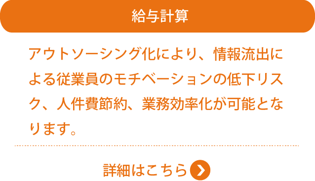 給与計算アウトソーシング化により、情報流出による従業員のモチベーションの低下リスク、人件費節約、業務効率化が可となります。