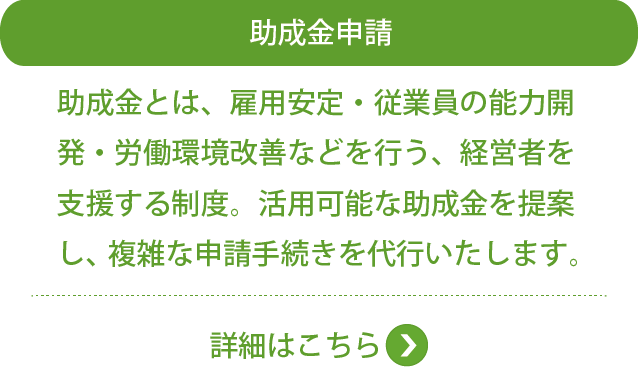 助成金申請助成金とは、雇用安定・従業員の能力開発・労働環境改善などを行う、経営者を支援する制度。活用可能な助成金を提案し、複雑な申請手続きを代行いたします。